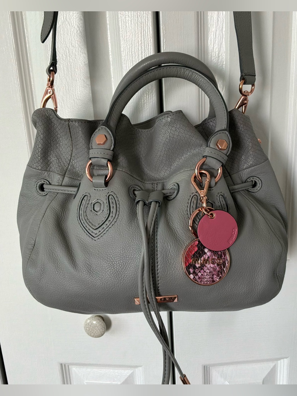 Mimco Willow Pouche Bag Grey Leather, Signature Rose Gold Hardware, Dust Bag